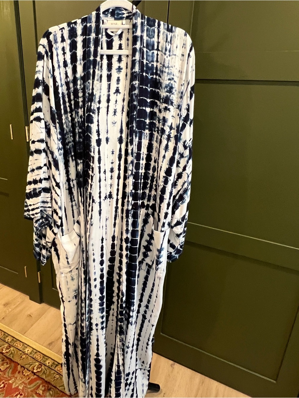 Tie-Dye Maxi Length Kimono Duster in Navy and White